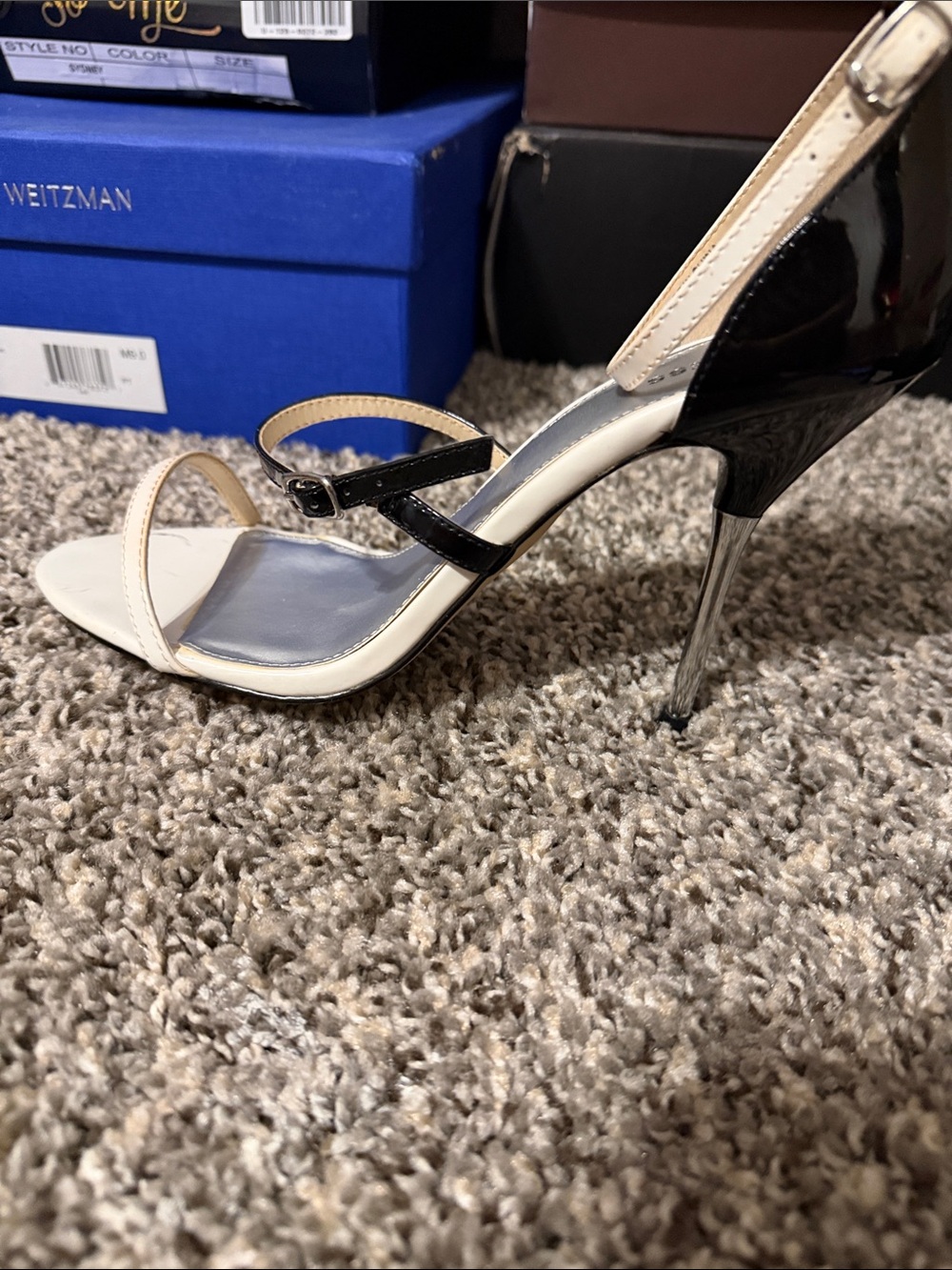Express Black and Cream Patent Strappy Stiletto Heels